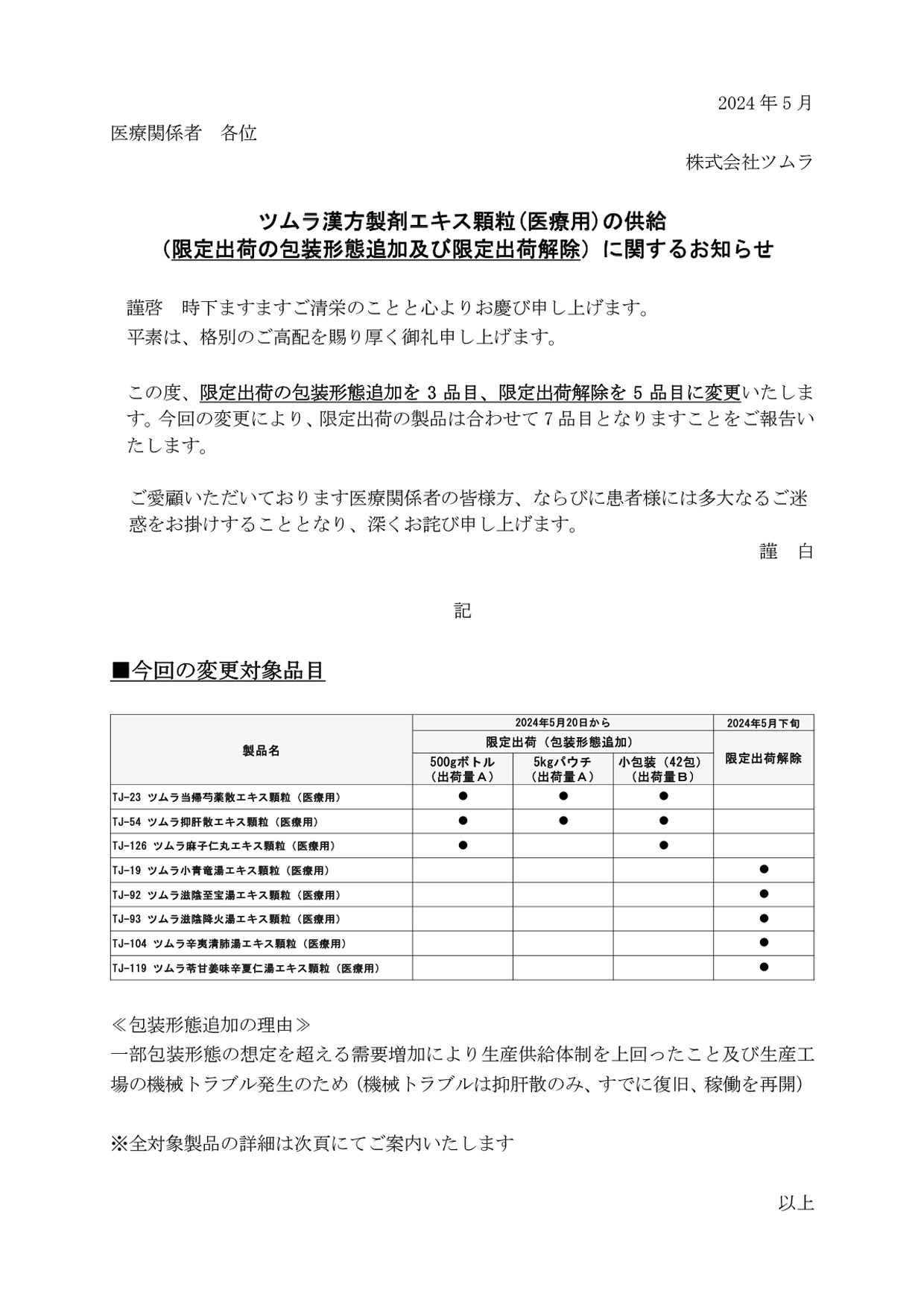 ツムラ漢方製剤エキス顆粒(医療用)の供給（限定出荷の包装形態追加及び 